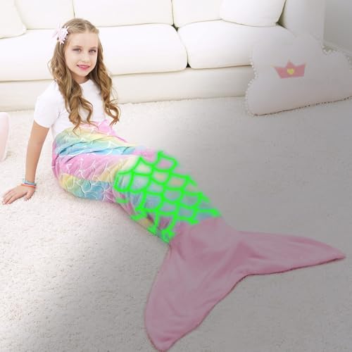 WERNNSAI Coperta a coda di sirena che si illumina al buio, morbida coperta in pile di flanella per ragazze, luce notturna, 110 x 40 cm, sacco a pelo per bambini, arcobaleno?