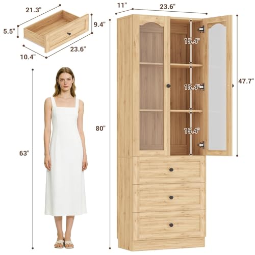 Image of Cyclysio 80 inch Tall Pantry Cabinet for Kitchen Storage, Natural Oak Pantry Cabinet with Glass Doors & 3 Drawers - Freestanding Storage Bookcase with Built-in Baseboard Notch for Dining, Living Room