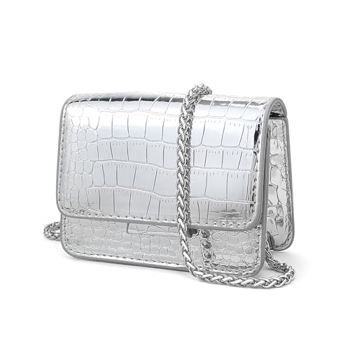 Novadex Mini Silver Metallic Purse for Women Small Croc Crossbody Bag with Chain Strap Perfect for Night Parties & Evening Outfits