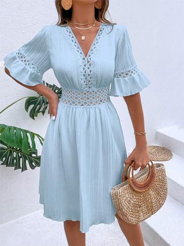 Image of Womens Summer Dresses V-Neck Lace Insert Flounce Casual Lightweight Sleeve Midi Dresses for Women 2025 Trendy