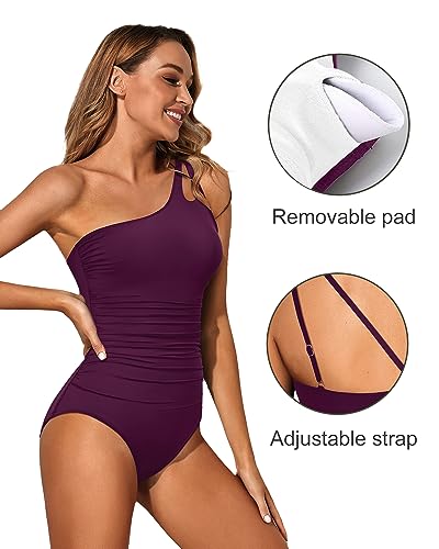 Image of Holipick One Shoulder One Piece Swimsuit for Women Tummy Control Bathing Suits Modest Full Coverage Keyhole Swimwear