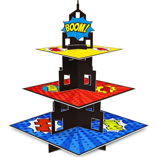 KALEFO Superhero Party Supplies Cake Stand 3 Tier Cupcake Stand Super Hero Parties Favors Mini Cup Cake Holder for Birthday Decorations (Superhero)