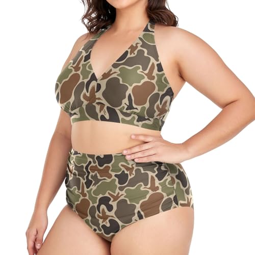 Exnundod Women Plus Size Bikini Set Duck Hunter Camouflage Two Piece Swimsuits High Waist Tummy Control Bathing Suit