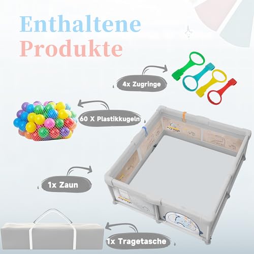 Laufstall Baby, 200x180cm Laufgitter Baby mit Rutschfestem Boden, Stabiler und Sicherer Indoor-Babyspielplatz, Inkl. 60 SeebäLle, 4 Griffe, Playpen, Aufbewahrungstasche, (Dinosaurier-Muster)