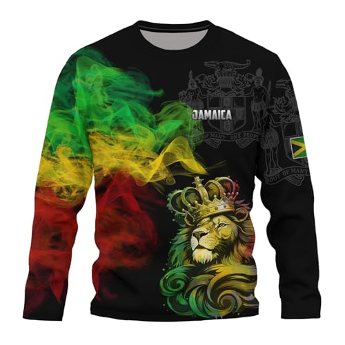 Men's Jamaica Flag Long Sleeve T-Shirt Jamaican Lion Print Tee Jersey Casual Round Neck Long Sleeve Top Unisex