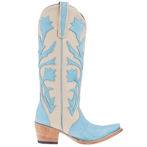 Lane Womens Jolene Floral Tooled Inlay Snip Toe Casual Boots Over the Knee Mid Heel 2-3" - Blue, Off White4