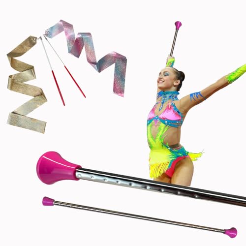 Oiloda 2 Pcs Batons for Twirling and 2 Pcs Dance Ribbons, 21” Twirling Baton Rhythmic Gymnastics Conducting Marching Batons for Baton Twirler, Talent Shows and Artistic Dancing (2-Pink)
