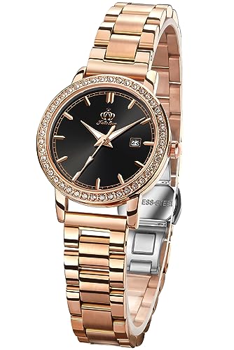 Fate Love Watch for Women Stainless Steel Rose Gold Calendar Luxury Wrist Watch Gift for Girls Ladies Black