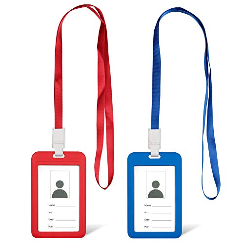 Ausweishalter, 2 Stück, vertikal, wasserdicht, Ausweis-Clip, Schlüsselanhänger, Kartenhalter mit 1 Klarsichtfenster und 1 Kreditkartenfach und einem abnehmbaren Umhängeband (blau + rot) Cover