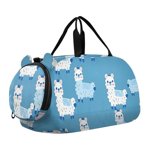 Duffle Bag Kids Gym Bag with Shoes Compartment & Wet Separation Overnight Travel Duffel Bag Alpaca Blue Background for Girl Boy