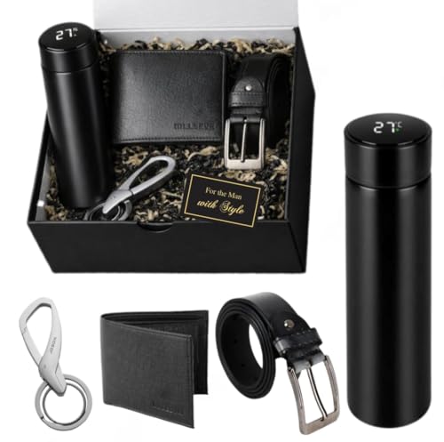 Yadava Men’s Premium Gift Set – Stainless Steel Temperature Bottle, Leather Wallet, Belt & Keychain Combo | Stylish Gift Box for Birthday, Anniversary, Corporate Gifting for Men (Pack of 4)