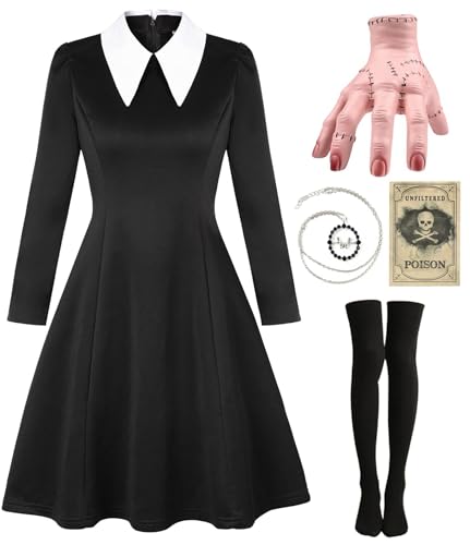 Mrsclaus Halloween Kostüm Set für addams Family mit Thing Hand Kniestrümpfe Schwarz Kleid Damen Fasching Karneval Cosplay Party C011M