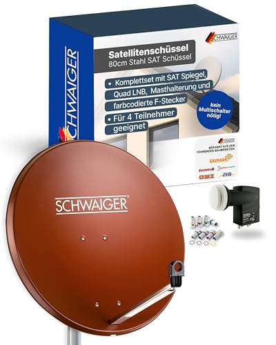 SCHWAIGER Satellitenschüssel Komplettset - Ø 80 cm Stahl Offset Antenne in Rot - Inkl. sonnengeschütztes Quad LNB 4-Fach - Digital HD & 4K Empfang - Integrierte Kabelführung & wetterfest