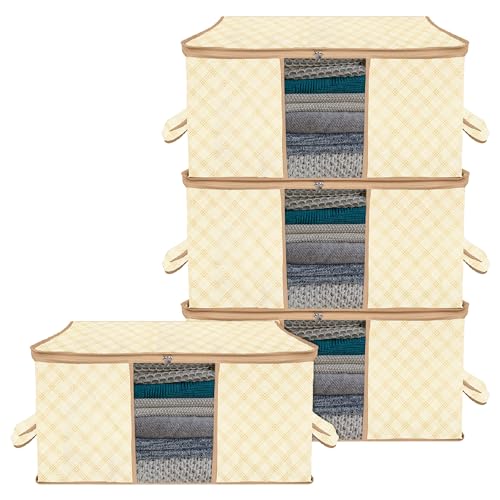 Kuber Industries Underbed Storage Bag | Check-Design Blanket Cover with Clear Window | Zipper Closure & Handle Cloth Organizer | Large | Pack of 4 | Cream