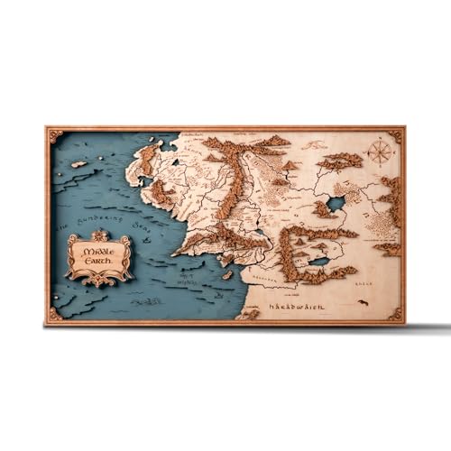 ZE WOOD Middle Earth 3D Map - The Lord Of The Rings 3D Wall Art - Unique Collectible Wooden Gift Modern Rustic Decorative Home Decor for The Hobbit Fans (M - 39x20 cm (15 35x7 87))