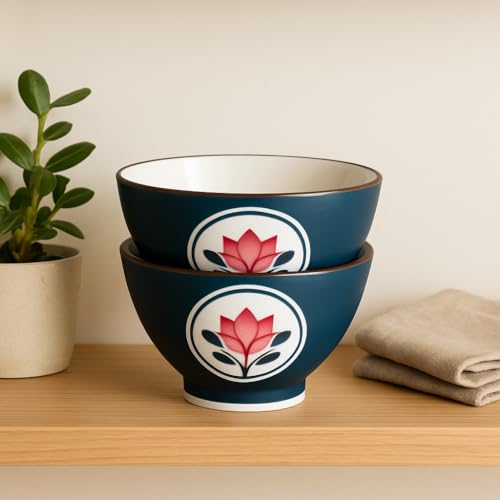 Image of YELONA Japanese Style Ceramic Bowls - 4.8 Inch (300ml), Set of 2 - Floral Design Rice /Noodle Bowls - Microwave & Dishwasher Safe, Ideal for Gifting Choice