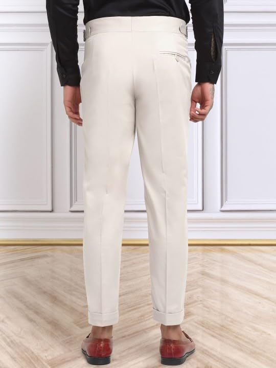 Vintage Tweed Slim Fit Trousers for Men, Herringbone Pleated Tailored Flat Front Formal Pant for Office Wear - Cream3