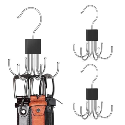 2 Pcs Belt Hanger, Belt Hanger For Wardrobe, Clothes Space Savers Storage solutions with 6 Hooks, Rotating Hooks Ideal for Belts (Black)