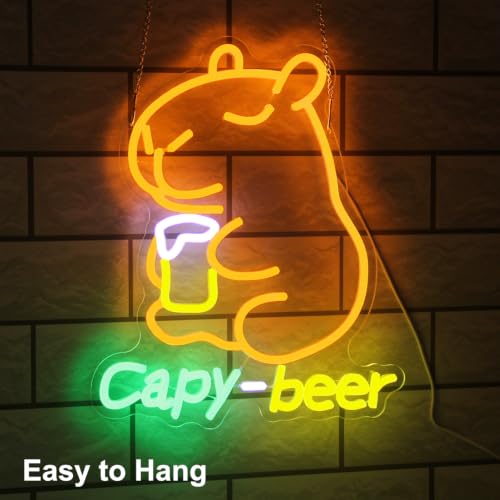 Image of Capybara Beer Neon Sign Animal LED Lights for Bar Man Cave Wall Decor Gifts | Funny Cartoon Neon Light, Dimmable Capy Beer LED Sign, USB Powered, Acrylic Bar Neon Wall Sign, Birthday Gifts, Party Supply