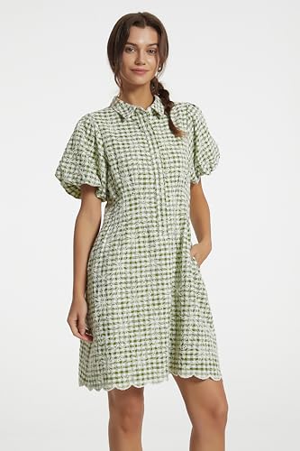 D-Sun Women's Shirt Dress Short Sleeve Summer Button Down Pleated Mini Dress Embroidered Gingham Casual Short Dresses3