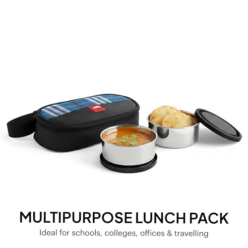 Image of CELLO MF Trent Lunch Box with Bag for Office Use Black | 300ml x 2 Stainless Steel Containers, Food Grade Light Weight Leak Proof Airtight Snap Lock Lid Tiffin Box Set for School Kids College & Travel