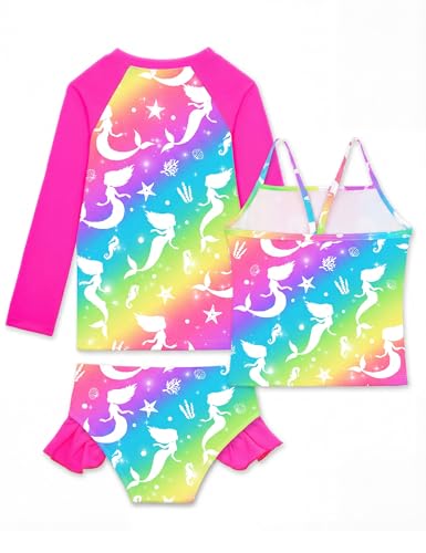 Image of Girls Rash Guard Swimsuit 3 Pieces Long Sleeve UPF50+ Quick Dry Bathing Suit for Toddler 3-12Y