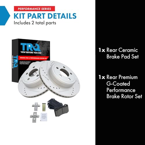 Image of TRQ Performance Rear Brake Pad and Rotor Set Ceramic Coated Drilled Slotted Vented Rotors Compatible with 2011-2018 Dodge Challenger 2017-2018 Charger