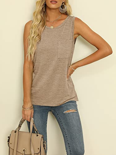 Tecrew Women's Summer Sleeveless Crew Neck Tank Tops Casual Basic T Shirts Blouse Khaki #TOP2