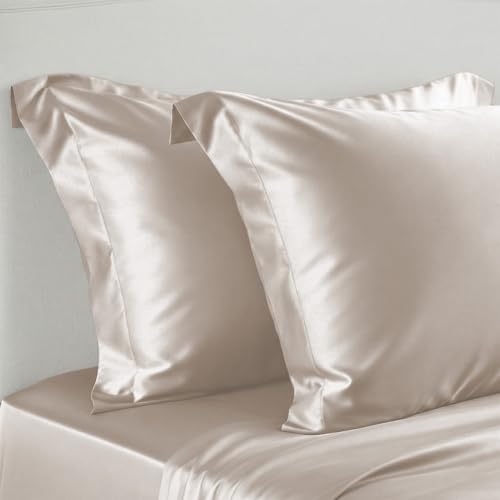 Image of LINENWALAS 100% Pure Bamboo Silk Bedsheet with Oxford Pillow Cover for King Size Bed, Natural Soft, Oeko-Tex Certified & Thermoregulating Bedding Best for Hair and Skin (108 inch x 108 inch, Champaign)