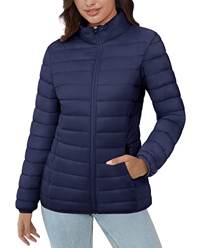 Magcomsen Women Ultra-Light Puffer Jacket With 3 Pockets Short Down Water-Resistant Stand-Collar Jacket Winter Coat, Navy Blue Xl #TOP30