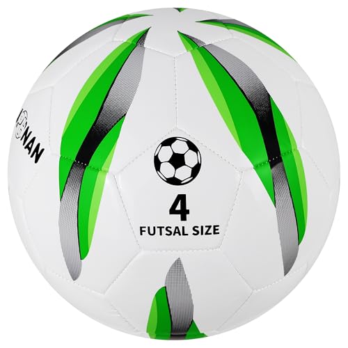 JPHNAN フットサルボール 4号 低反発 バウンド抑制設計 ジュニア/大人用/小学生向け 室内練習用 サッカー/フットサル対応 TPU素材 高耐久性 公式サイズ4号球 ボールコントロール練習向け サッカースキルアップ ホワイト/グリーンの商品画像（Amazon）