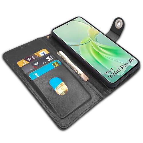 Image of Pikkme Vivo Y200 Pro 5G Flip Cover Leather Finish | Inside TPU with Card Pockets | Wallet Stand and Shock Proof | Complete Protection Button Flip Case (Black)