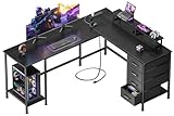 Korfile 59 inch L Shaped Computer Desk with Power Outlets, Home Office Desk with 4 Adjustable Storage Drawers & 2 Monitor Stands, Two Person Gaming Table for Bedroom, Black