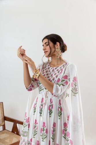 Floral Print Cotton Kurti Dress Set with Dupatta, Long Length, White and Pink2