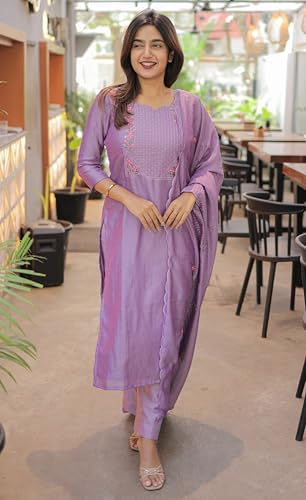 Image of Women Cotton Kurta Pant Set with Chanderi Cotton Dupatta | 3-Piece Straight Fit 3 /4 Sleeves Kurta with V-Neck | Ethnic, Festive & Casual Wear for Women| 3 Piece Set