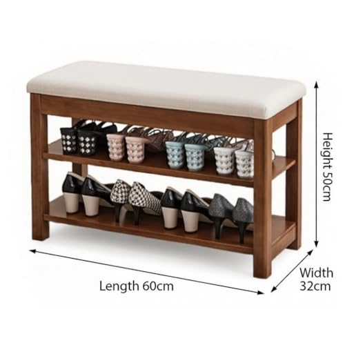Image of Premium Sheesham Wood Shoe Rack with Upholstered Bench - 2-Tier Solid Wood Entryway Shoe Organizer - Durable Hallway Storage Bench for Living Room & Bedroom (Brown, 24inch)