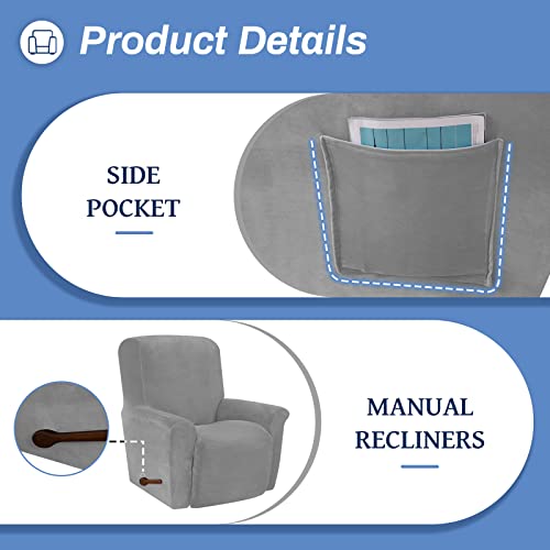 Weerrw Velvet High Stretch Recliner Chair Cover 1 Piece Recliner Couch Cover, Washable Furniture Protector With Non Slip Elastic Bottom For Kids And Pets, Silver Grey #TOP2