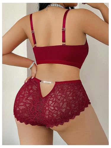 Image of MakeMeChic Women's Plus Size Lingerie Sets Contrast Lace Cut Out Wireless Bra and Panty Set