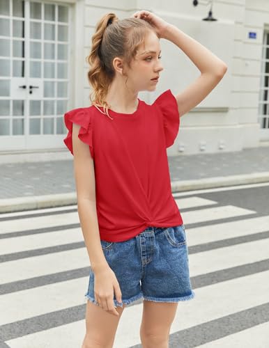 Image of Arshiner Girls Shirt - Short-Sleeve Twist Front T-Shirt for Girls with Cute Flying Sleeves - Summer Blouse Tunic Tee Tops