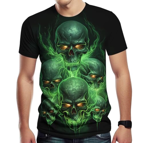 Hehanus Heren Novelity 3D Print Skull T-Shirts Flame Skull Graphic Korte Mouw Tee Shirt, Blue2, M