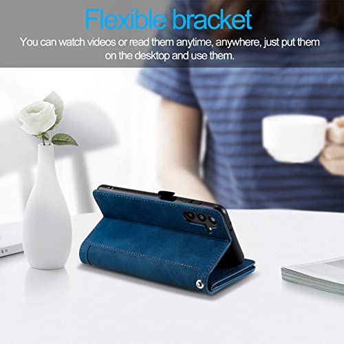 EYZUTAK Wallet Phone Case for Samsung Galaxy A17 5G/A26 5G, Retro Matte 9 Card Holder Slots Zipper Pocket Handbag Case PU Leather Magnetic Closure Kickstand with Wrist Strap Flip Purse Cover - Blue by EYZUTAK - Image 6