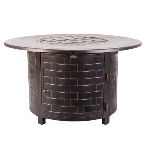 Fire Sense 62208 Perissa Basketweave Aluminum Convertible Gas Fire Pit Table 55,000 BTU Multi-Functional Outdoor with Fire Bowl Lid, Nylon Weather Cover & Clear Fire Glass Bronze Finish - Round - 44'