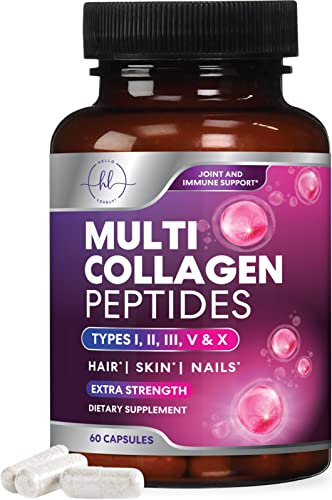 Collagen Peptides for Women & Men, Hydrolyzed Collagen Protein Type I, II, III, V & X, Hair, Skin, Nail, Bone & Joint Health Support, Multi Collagen Powder Pills with Grass Fed Collagen - 60 Capsules