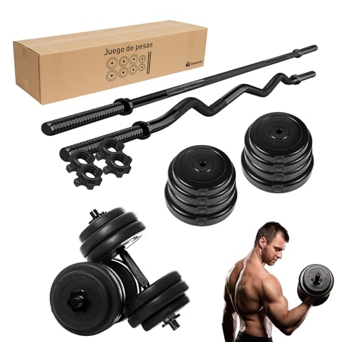 Bluelander Kit de Pesas 4 en 1, Set de Mancuernas con 8 Discos y 4 Barras de Distinto Largo, Pesas para Ejercicio en Casa, Incluye Seguros para Barra