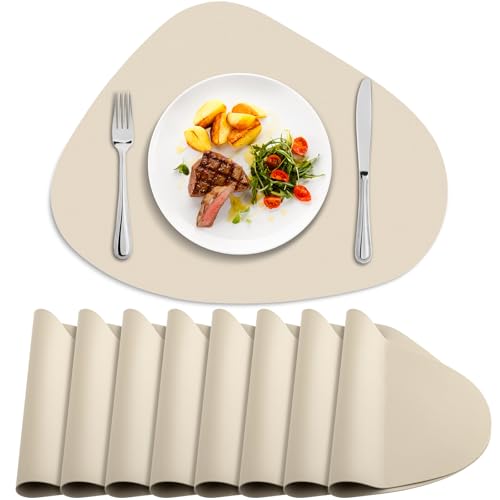 Placemats Set of 8, Heat Resistant Leather Placemats Double Layer, Soft Waterproof Round Table Mats Easy to Clean for Kitchen Dining Room Coffee Office Table, Beige
