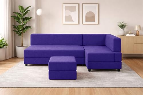 Image of Leg Sofa Cum Bed with Ottoman | Jute Fabric | Multipurpose Folding 3 Seater Sofa Bed 5x6 Ft for Living Room | Space Saving Furniture | Modern Design - Purple