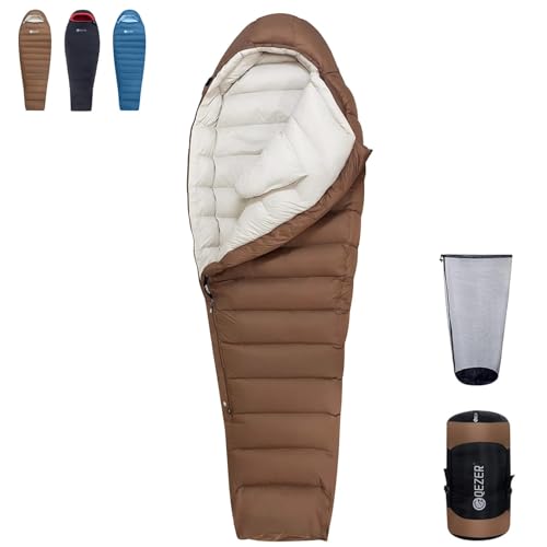 QEZER Winter Sleeping Bag for Adults, Lightweight Down Sleeping Bag -20 Degree C for Cold Weather Camping and Mountaineering Outdoor with 650 FP Duck Down (Coffee, 1000g down)
