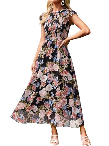 BerryGo Womens Floral Maxi Dress Ruffle Cap Sleeve Chiffon Smocked Western Dress Modest Flowy Wedding Guest Dress Fall Trendy Fashion Teacher Outfits Black Green XL