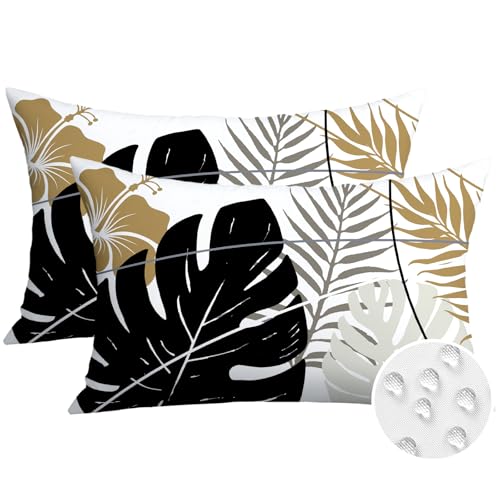 OTOSTAR Outdoor Waterproof Throw Pillow Covers 16x24 Inch Set of 2 Double-Sided Black Brown Grey Tropical Leaf and Flower Spring Summer Decorative Pillow Cases for Patio Funiture Garden Balcony Couch