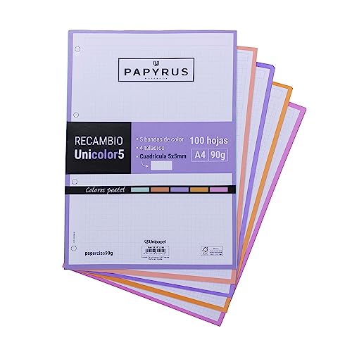 Unipapel - Recambio 100 Hojas A4, Cuadrícula 5x5, 90g, 5 Bandas Colores Pastel en Bordes, Papyrus - Unicolor 5, Perfecto para Archivador de Anillas